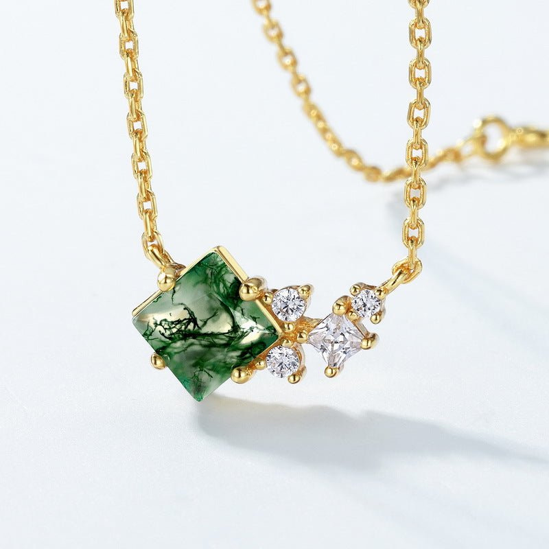 Princess Cut Moss Agate Pendant Necklace | 925 Silver Plated 10K Gold & 18" Cross Chain