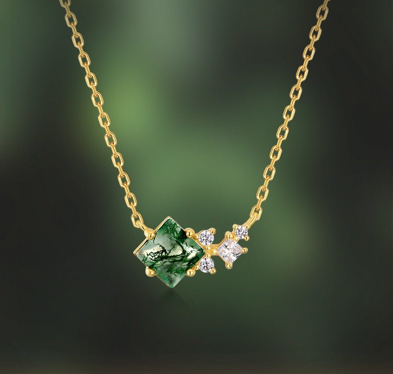 Princess Cut Moss Agate Pendant Necklace | 925 Silver Plated 10K Gold & 18" Cross Chain