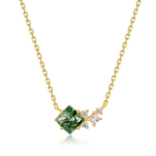 Princess Cut Moss Agate Pendant Necklace | 925 Silver Plated 10K Gold & 18" Cross Chain