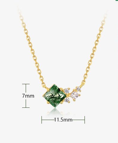 Princess Cut Moss Agate Pendant Necklace | 925 Silver Plated 10K Gold & 18" Cross Chain