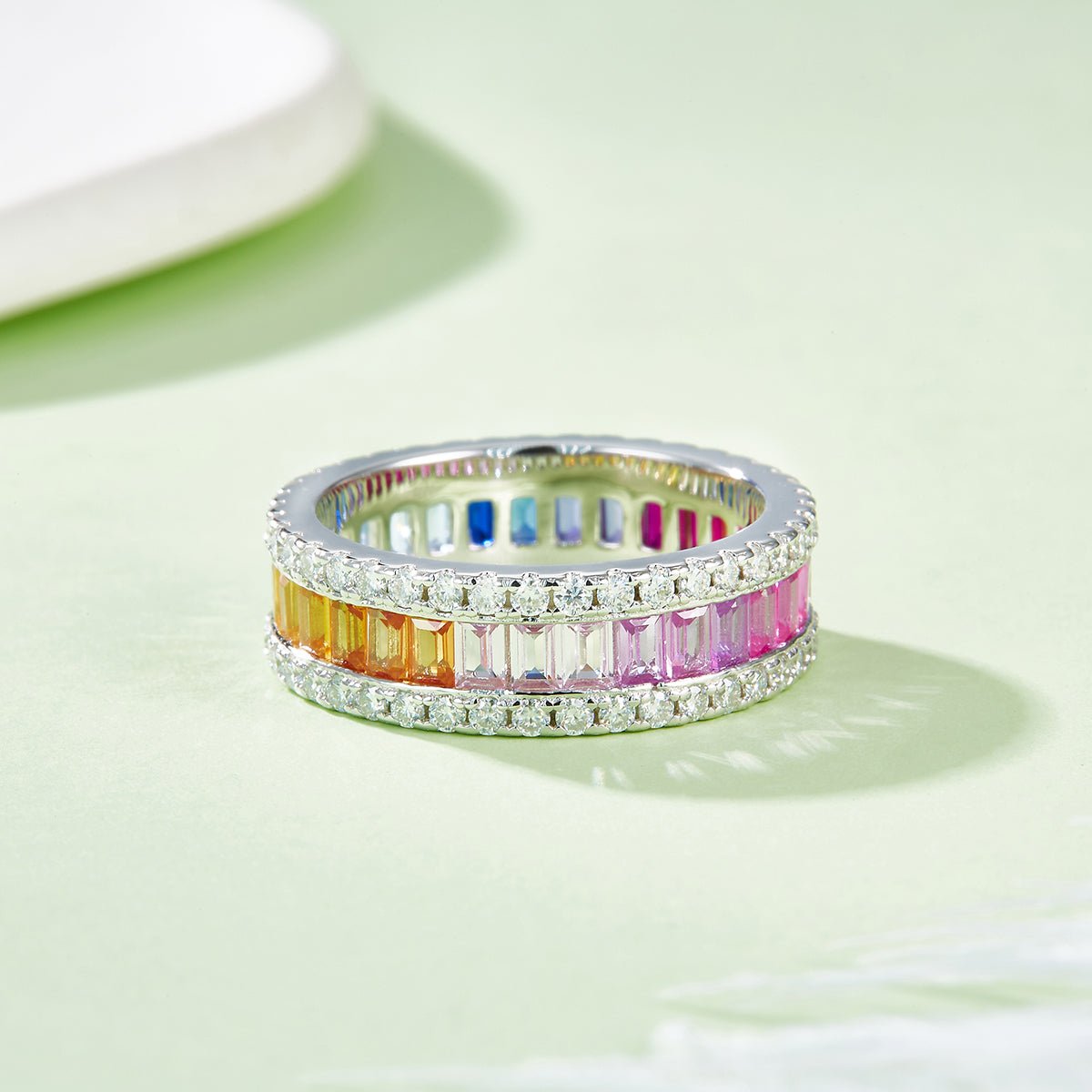 Rainbow Eternity Ring in 925 Sterling Silver | 18K White Gold Plated Rectangular Colorful Moissanite