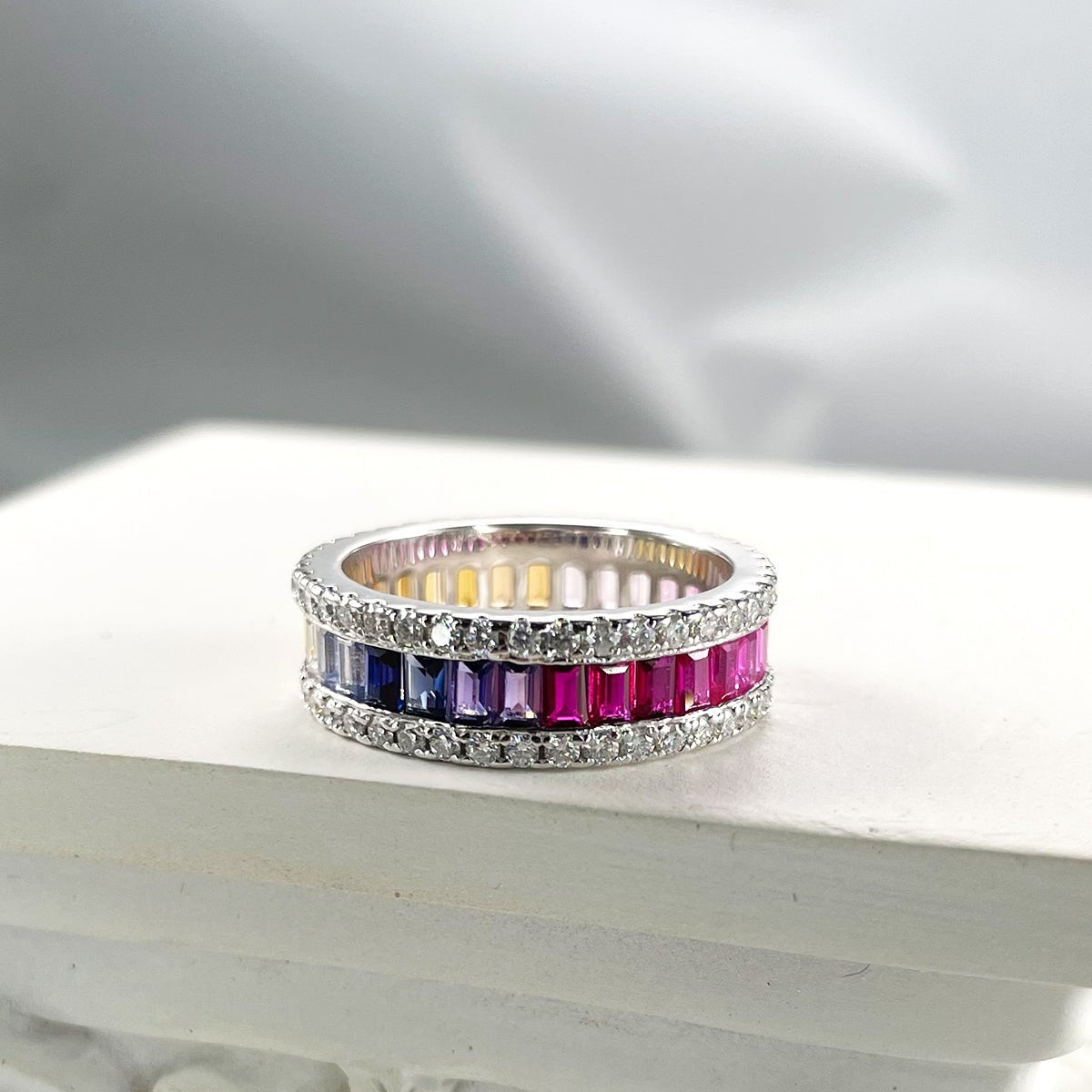 Rainbow Eternity Ring in 925 Sterling Silver | 18K White Gold Plated Rectangular Colorful Moissanite