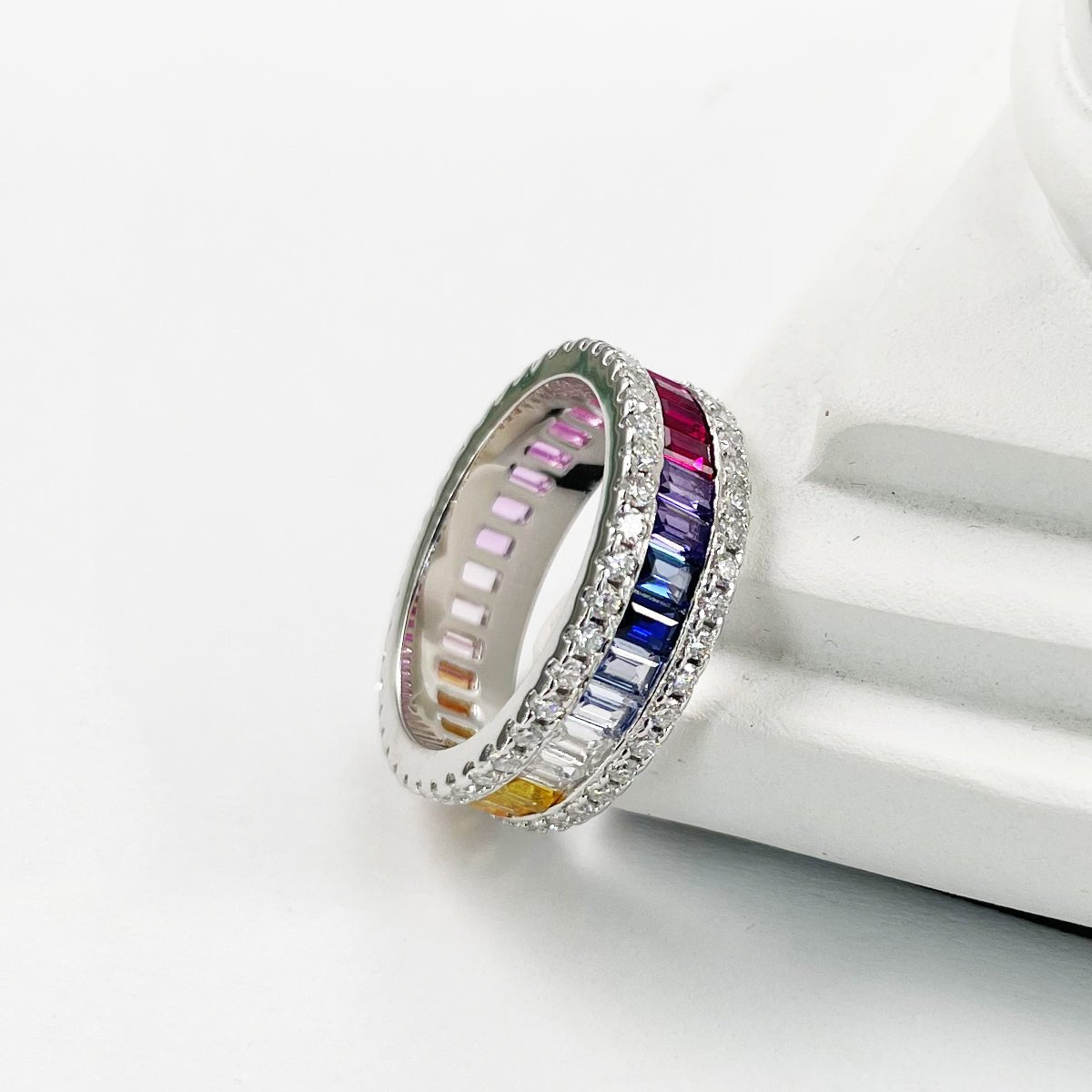 Rainbow Eternity Ring in 925 Sterling Silver | 18K White Gold Plated Rectangular Colorful Moissanite