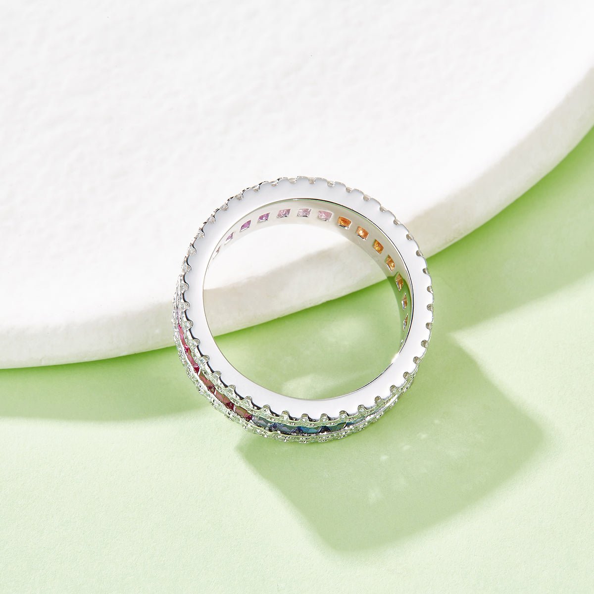 Rainbow Eternity Ring in 925 Sterling Silver | 18K White Gold Plated Rectangular Colorful Moissanite