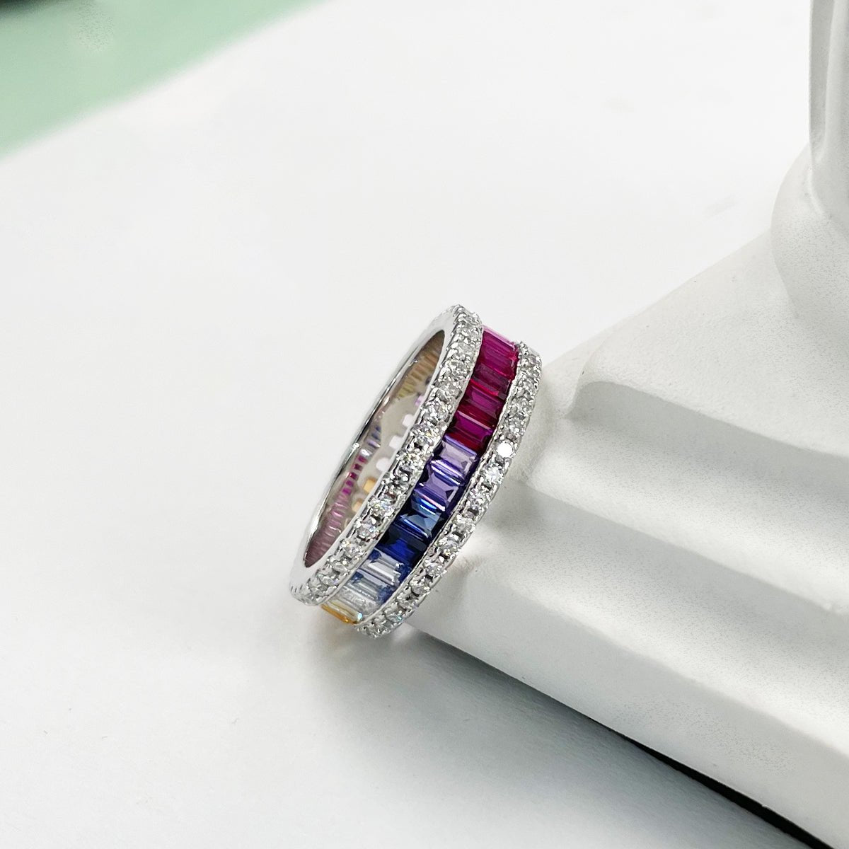 Rainbow Eternity Ring in 925 Sterling Silver | 18K White Gold Plated Rectangular Colorful Moissanite