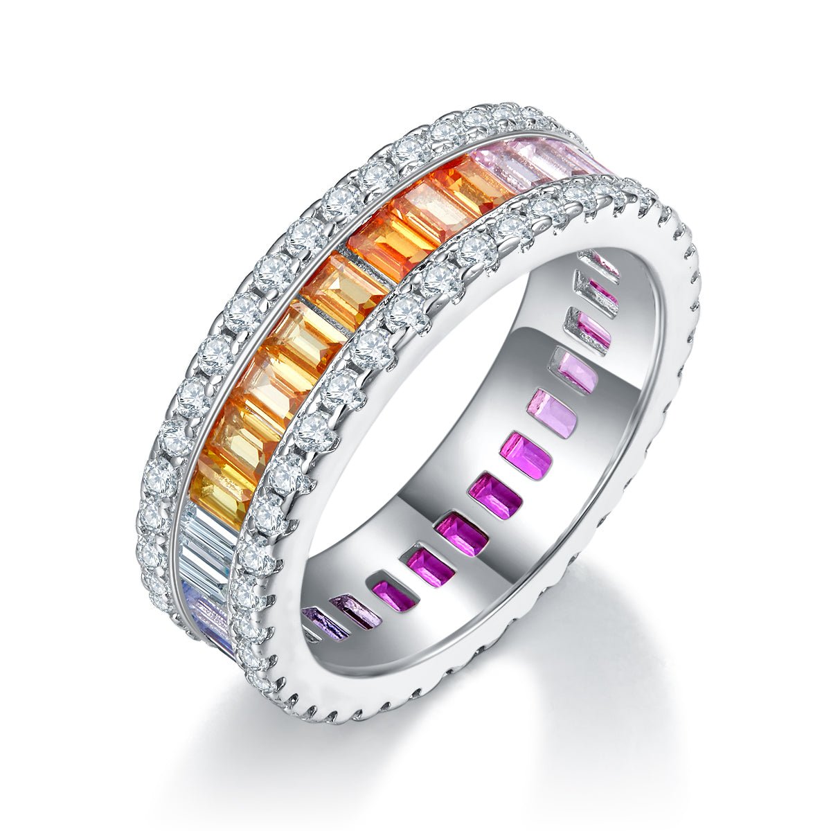 Rainbow Eternity Ring in 925 Sterling Silver | 18K White Gold Plated Rectangular Colorful Moissanite