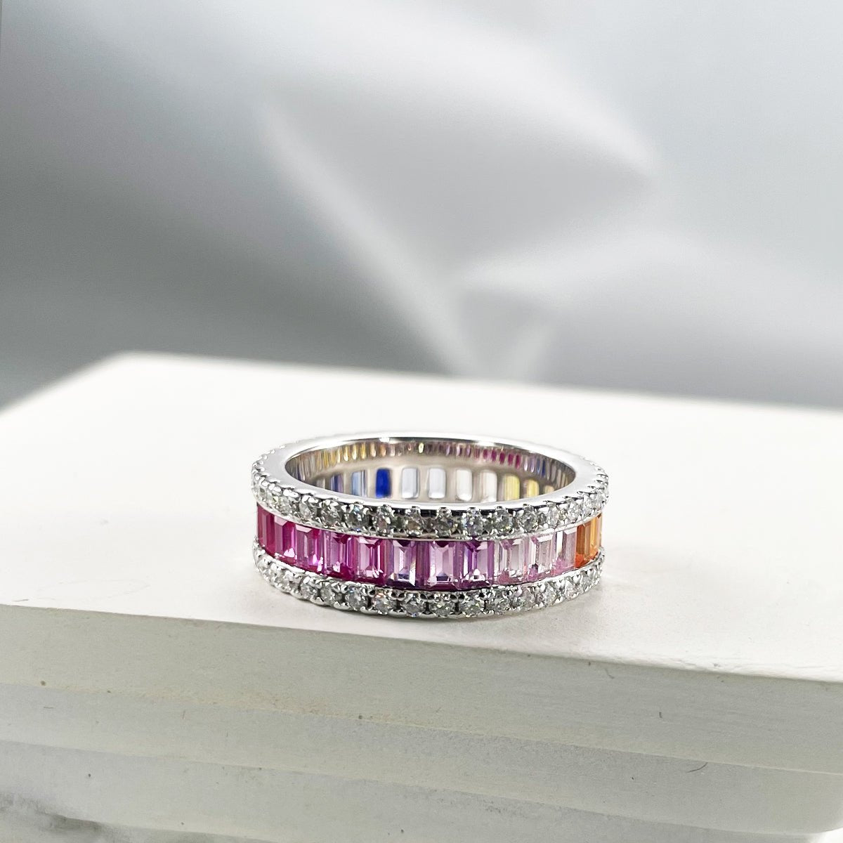 Rainbow Eternity Ring in 925 Sterling Silver | 18K White Gold Plated Rectangular Colorful Moissanite