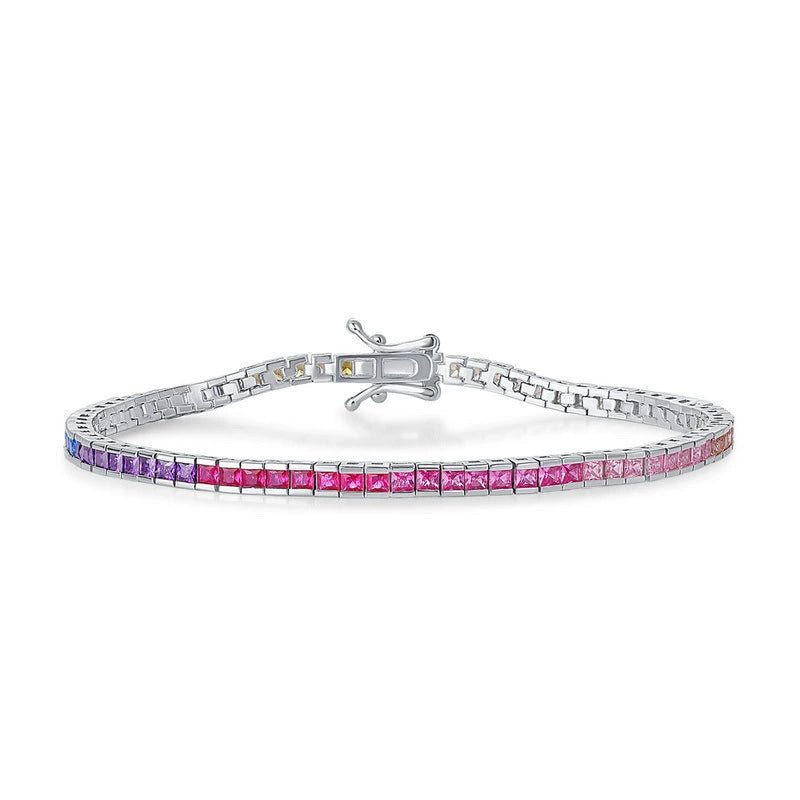 Rainbow Square CZ Tennis Bracelet | 925 Sterling Silver | Stackable Colorful Jewelry