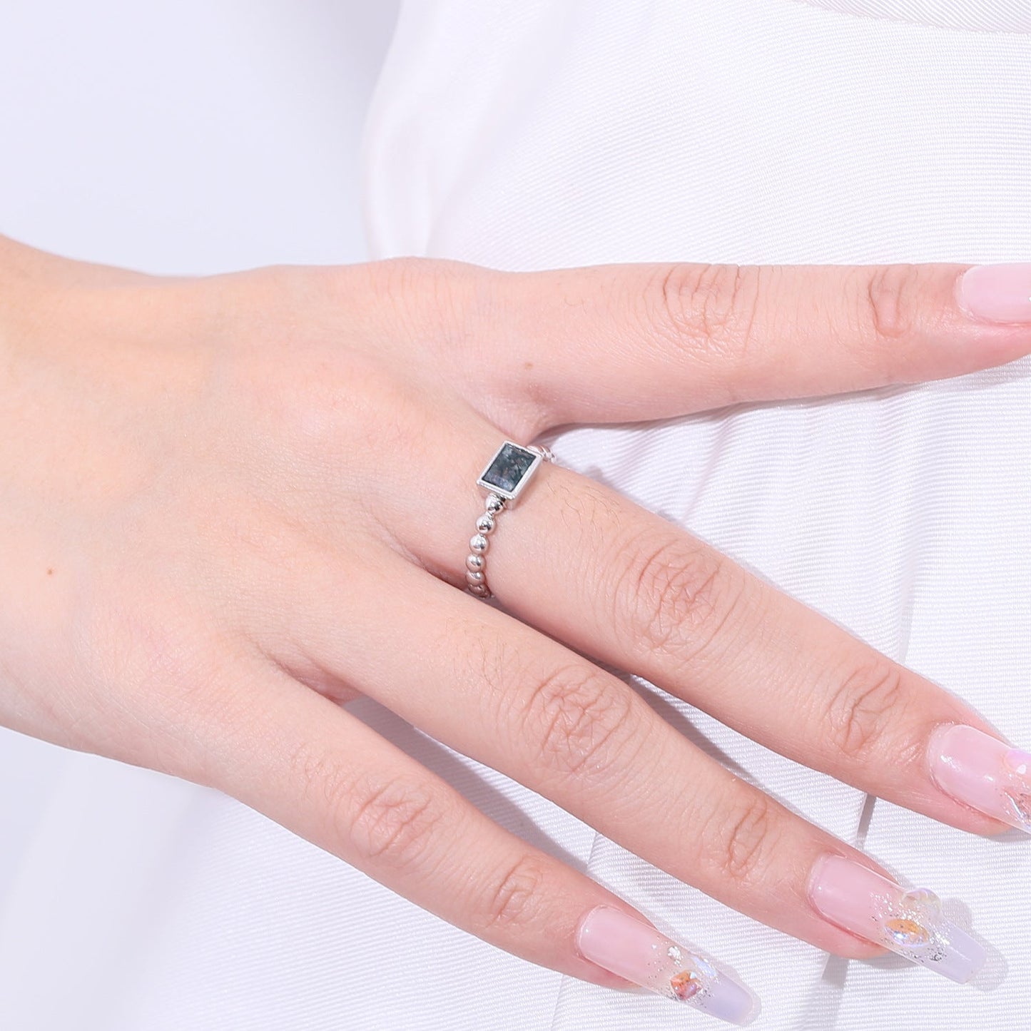 Natural Moss Agate Ring Rectangular Gemstone in 925 Sterling Silver