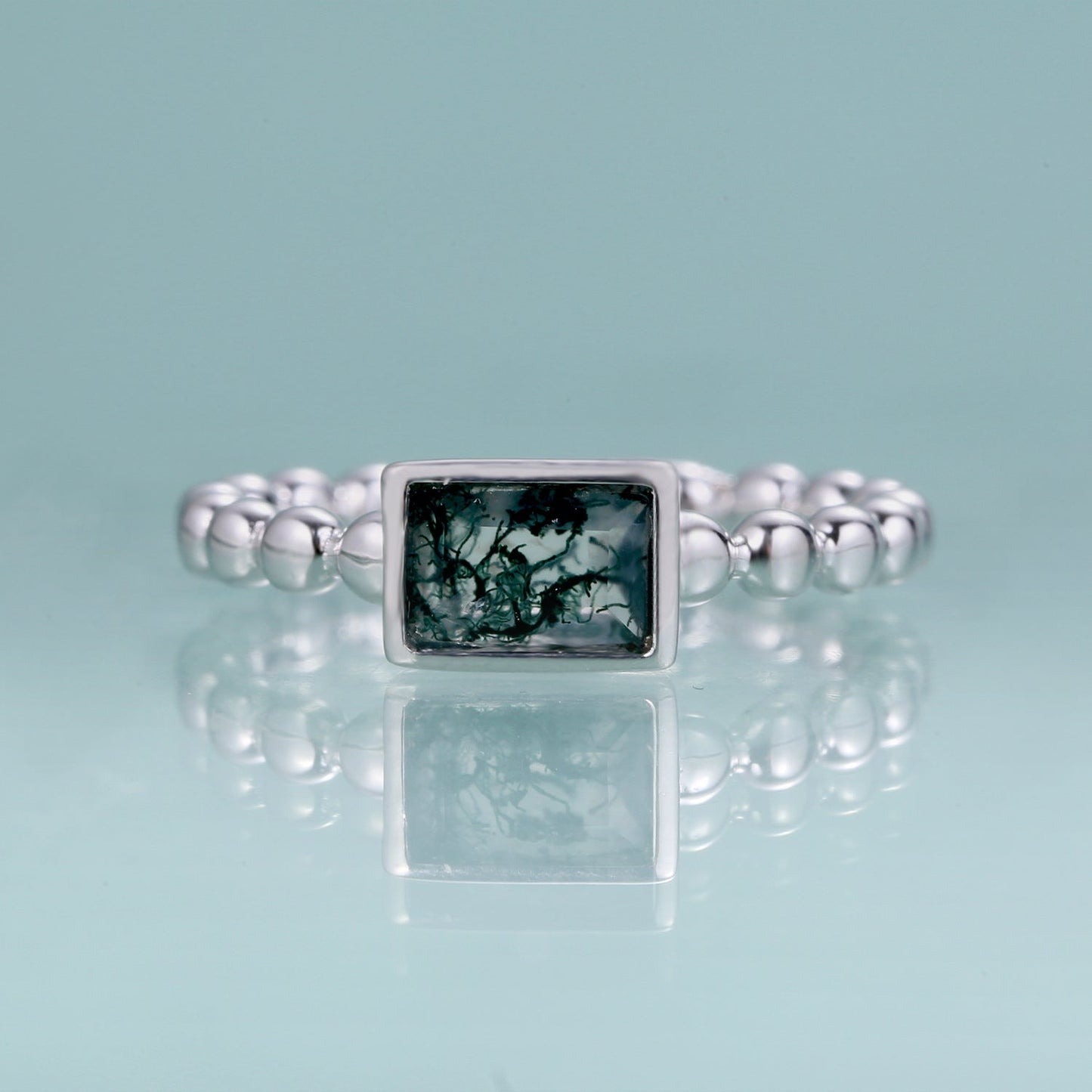 Natural Moss Agate Ring Rectangular Gemstone in 925 Sterling Silver