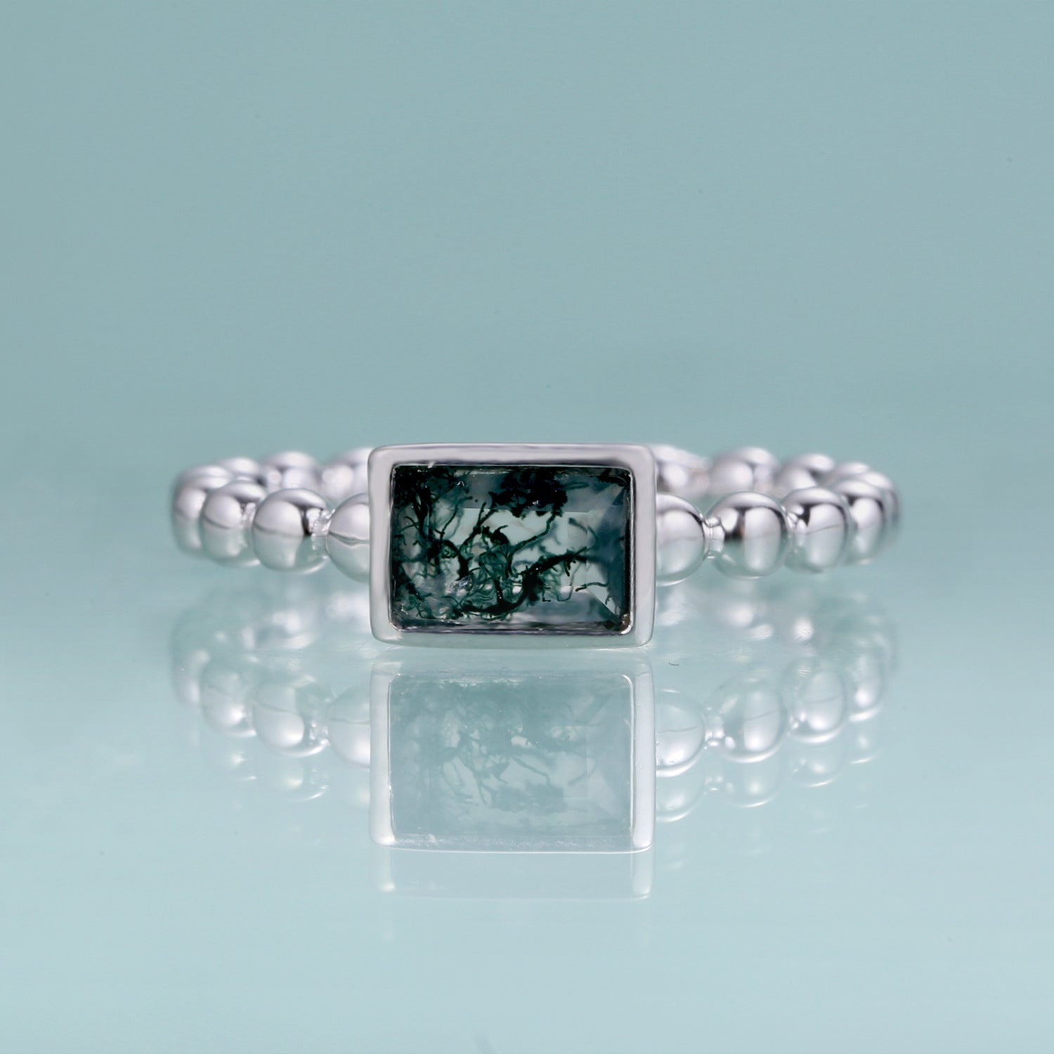 Natural Moss Agate Ring Rectangular Gemstone in 925 Sterling Silver