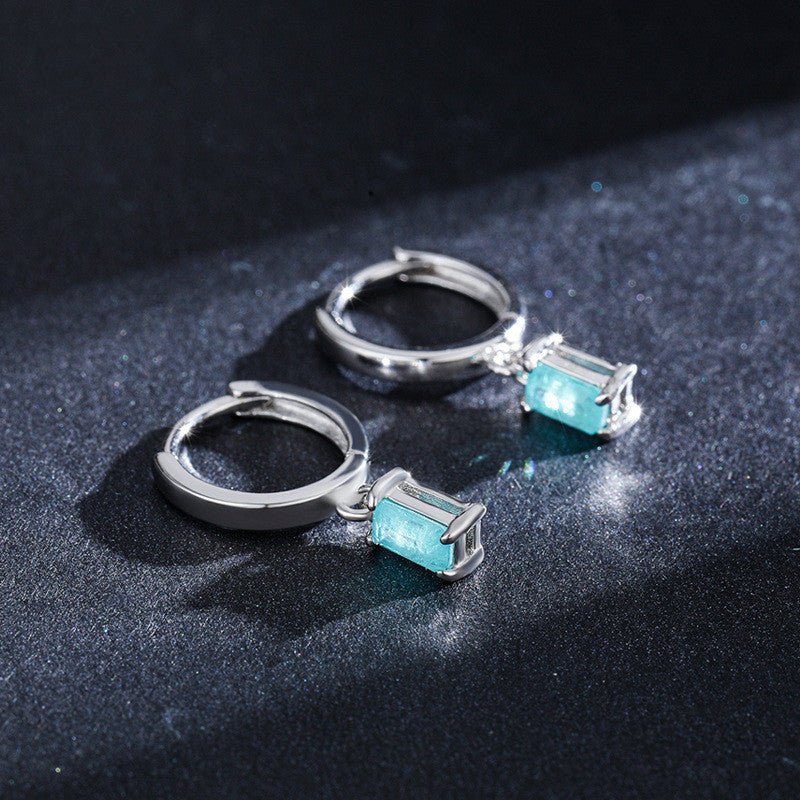 Rectangular Blue Tourmaline Drop Elegant Earrings 925 Silver Hoops