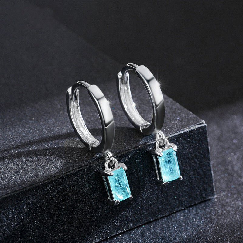 Rectangular Blue Tourmaline Drop Elegant Earrings 925 Silver Hoops