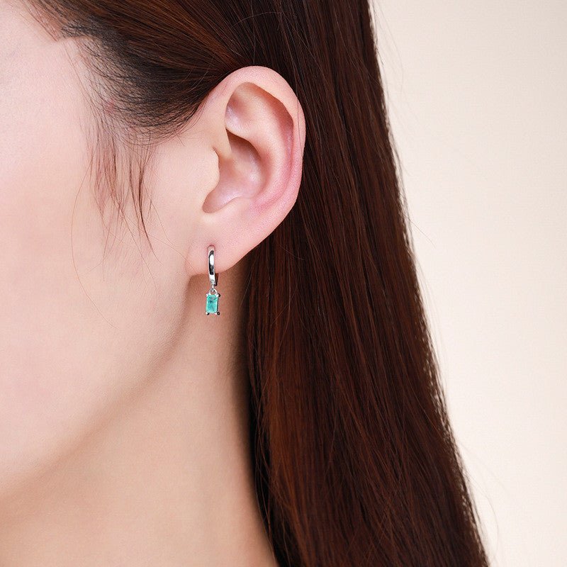 Rectangular Blue Tourmaline Drop Elegant Earrings 925 Silver Hoops