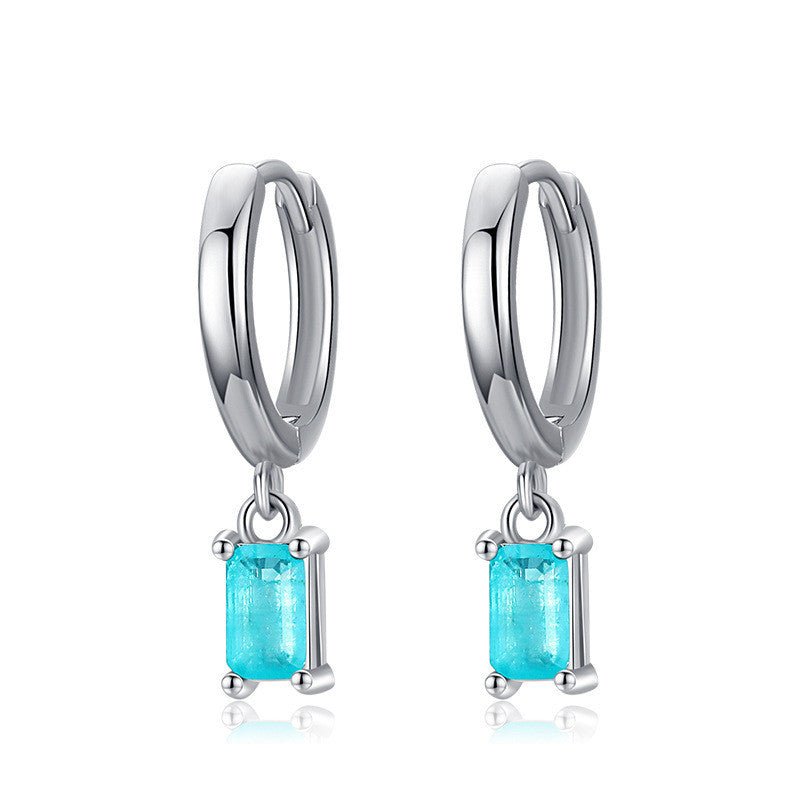 Rectangular Blue Tourmaline Drop Elegant Earrings 925 Silver Hoops