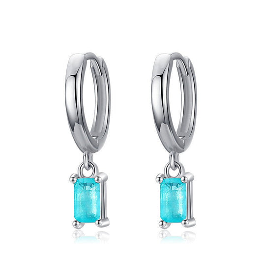 Rectangular Blue Tourmaline Drop Elegant Earrings 925 Silver Hoops
