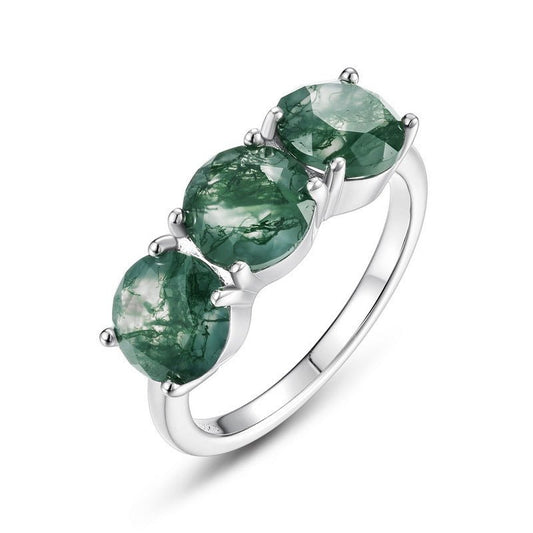 Round Cut Green Moss Agate Ring 925 Sterling Silver 3 Stones Ring Gift for Her