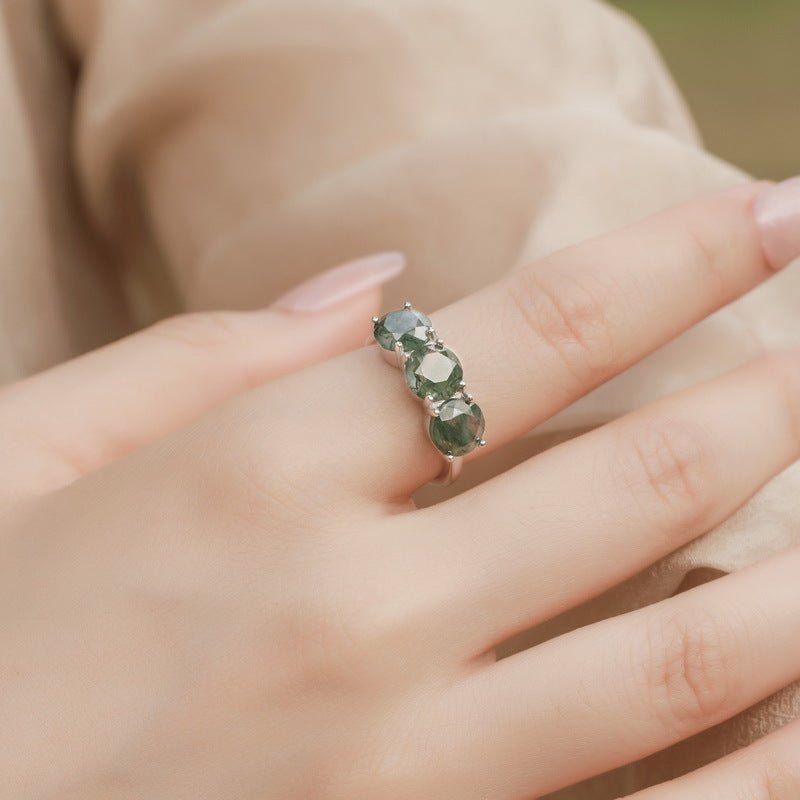 Round Cut Green Moss Agate Ring 925 Sterling Silver 3 Stones Ring Gift for Her