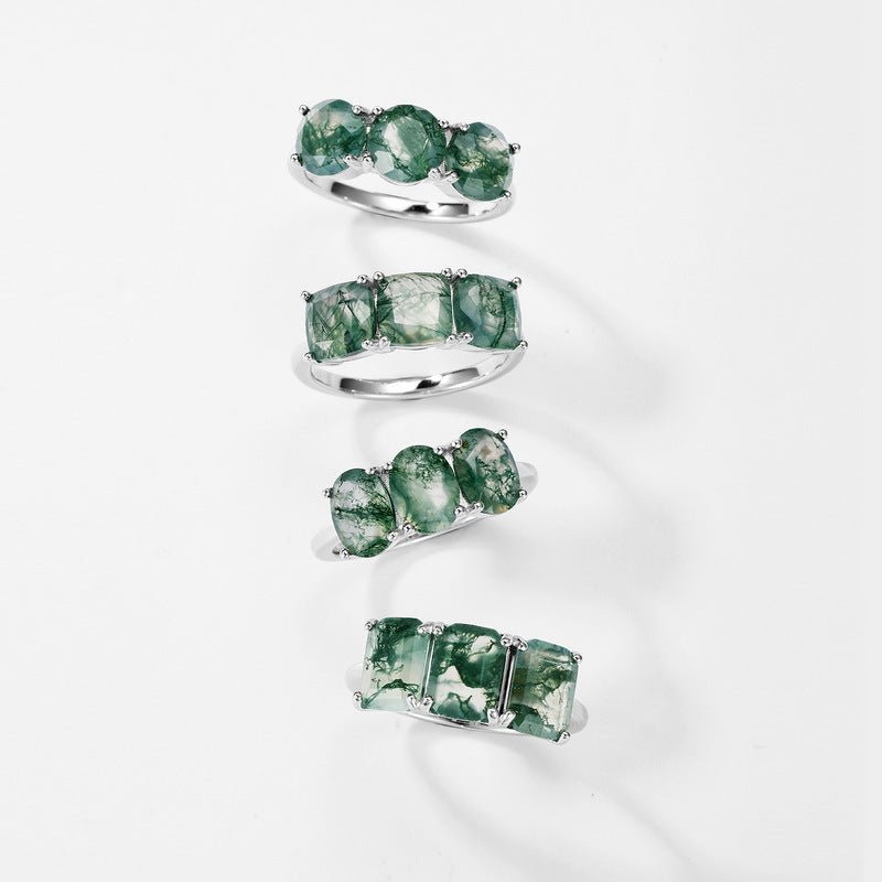 Round Cut Green Moss Agate Ring 925 Sterling Silver 3 Stones Ring Gift for Her