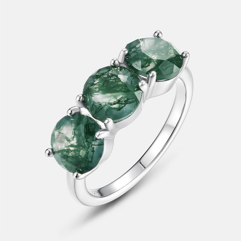 Round Cut Green Moss Agate Ring 925 Sterling Silver 3 Stones Ring Gift for Her