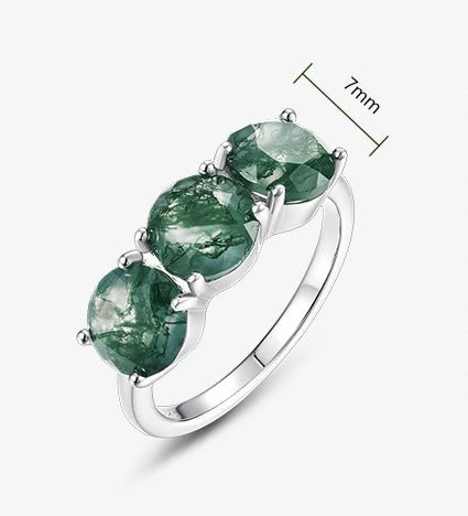 Round Cut Green Moss Agate Ring 925 Sterling Silver 3 Stones Ring Gift for Her