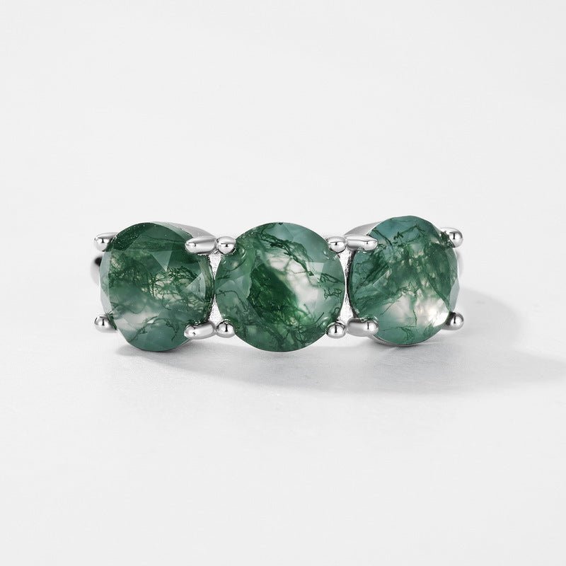 Round Cut Green Moss Agate Ring 925 Sterling Silver 3 Stones Ring Gift for Her