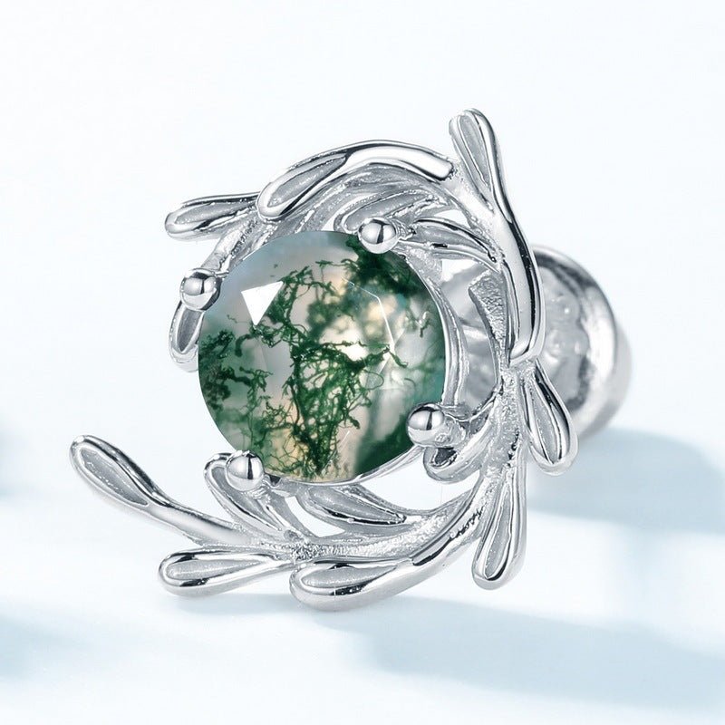 Round Green Moss Agate Stud Earrings - 925 Sterling Silver Dainty Everyday Earrings