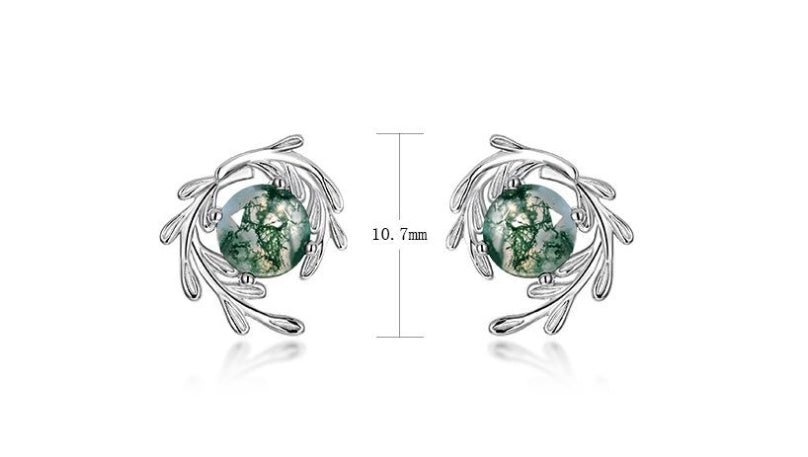 Round Green Moss Agate Stud Earrings - 925 Sterling Silver Dainty Everyday Earrings