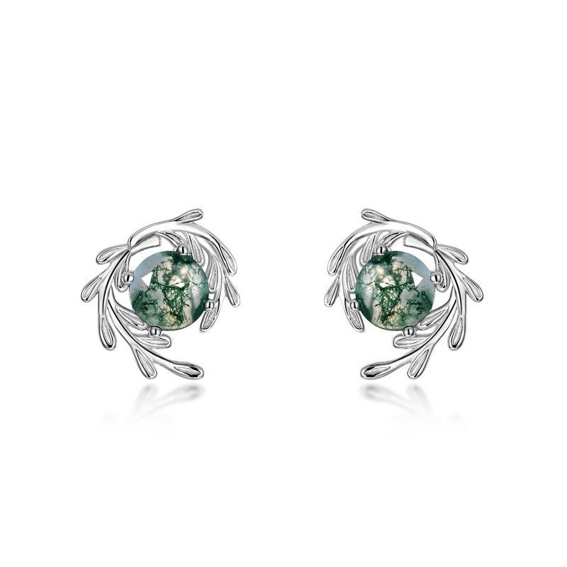 Round Green Moss Agate Stud Earrings - 925 Sterling Silver Dainty Everyday Earrings