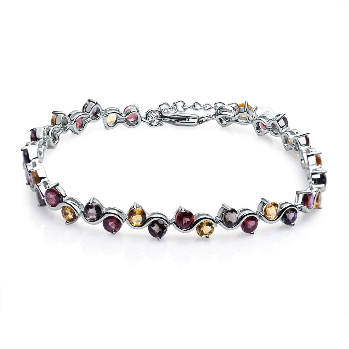 Round Natural Amethyst Citrine Garnet Bracelet 925 Silver Gift for her