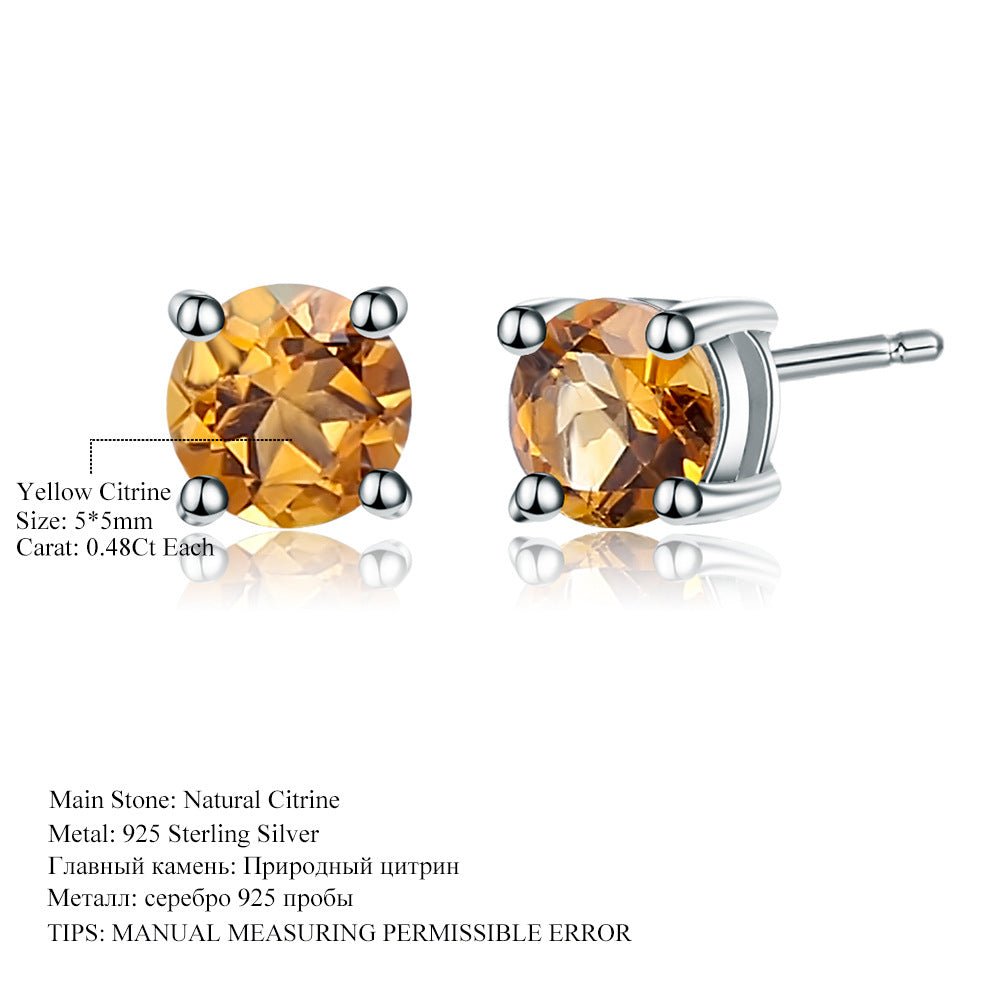 Round Gemstone Stud Earrings | Natural Citrine, Garnet or Blue Topaz in 925 Silver