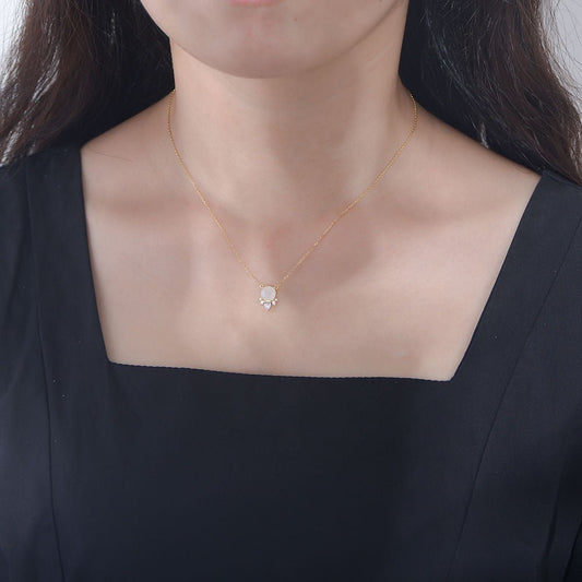 Round Natural Moonstone Necklace 925 Sterling Silver Simple Clavicle Chain