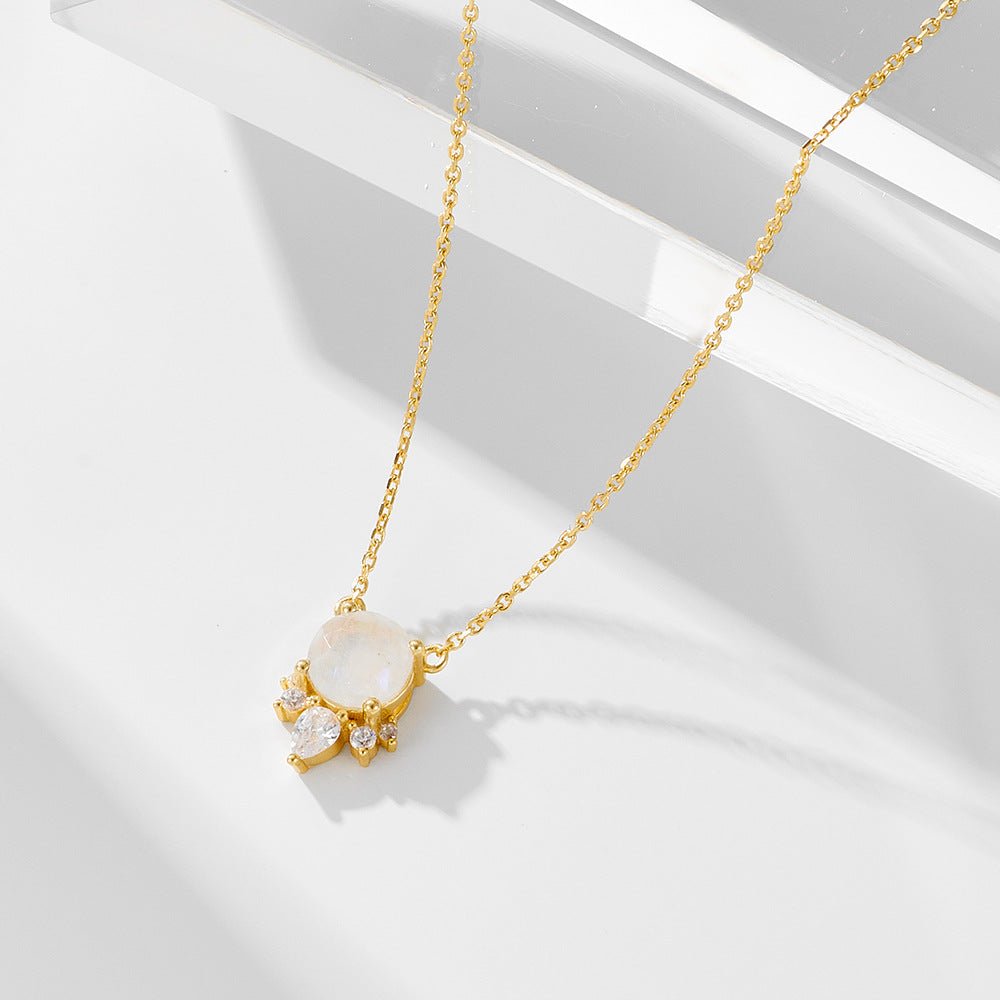 Round Natural Moonstone Necklace 925 Sterling Silver Simple Clavicle Chain