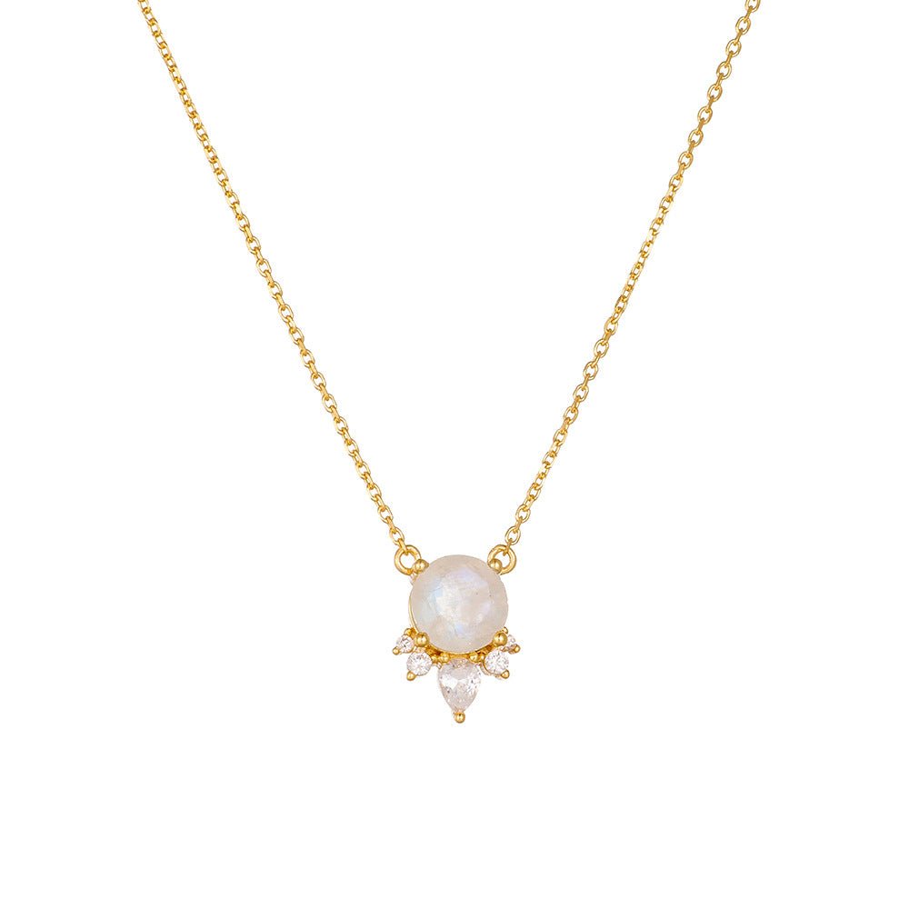 Round Natural Moonstone Necklace 925 Sterling Silver Simple Clavicle Chain