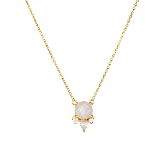 Round Natural Moonstone Necklace 925 Sterling Silver Simple Clavicle Chain