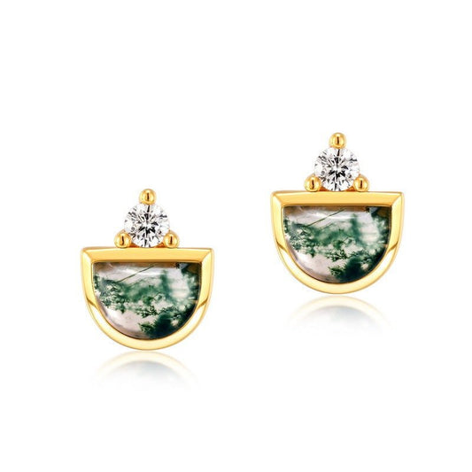 Semi-Circle Moss Agate Stud Earrings - 10K Gold Plated 925 Sterling Silver, Geometric Nature Jewelry