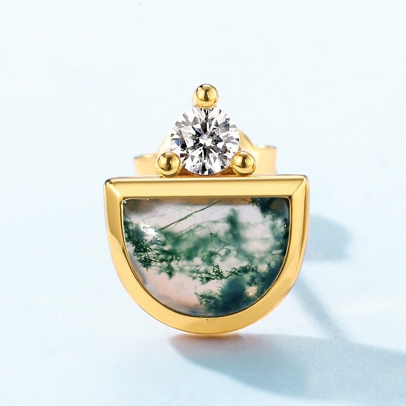 Semi-Circle Moss Agate Stud Earrings - 10K Gold Plated 925 Sterling Silver, Geometric Nature Jewelry