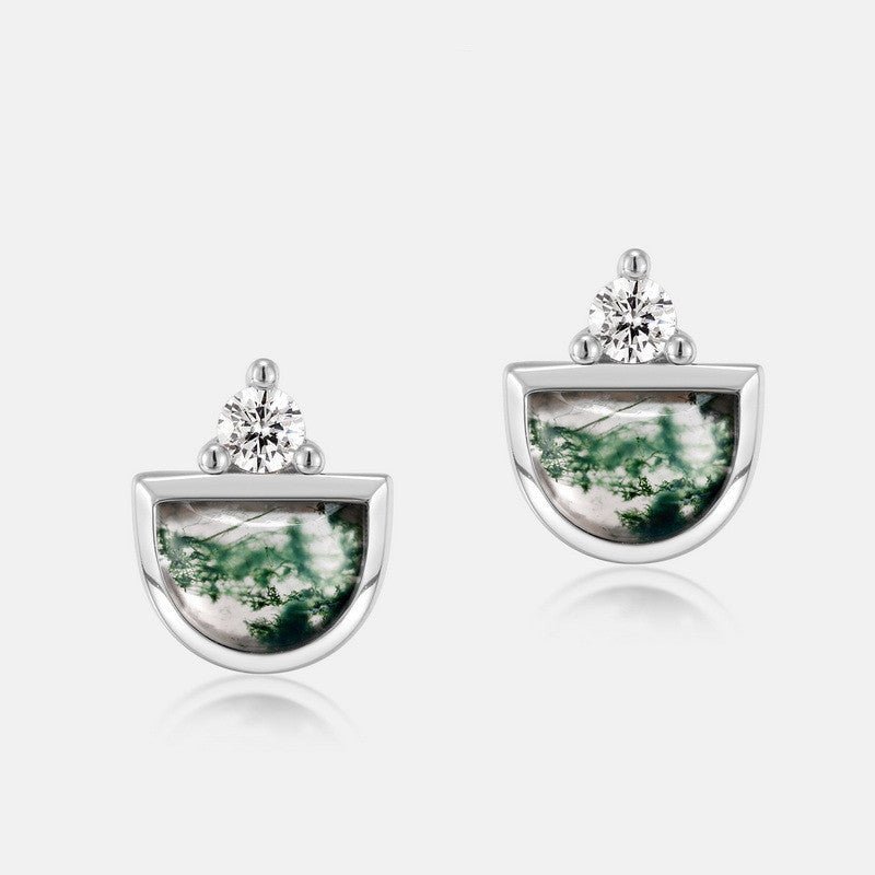Semi-Circle Moss Agate Stud Earrings - 10K Gold Plated 925 Sterling Silver, Geometric Nature Jewelry