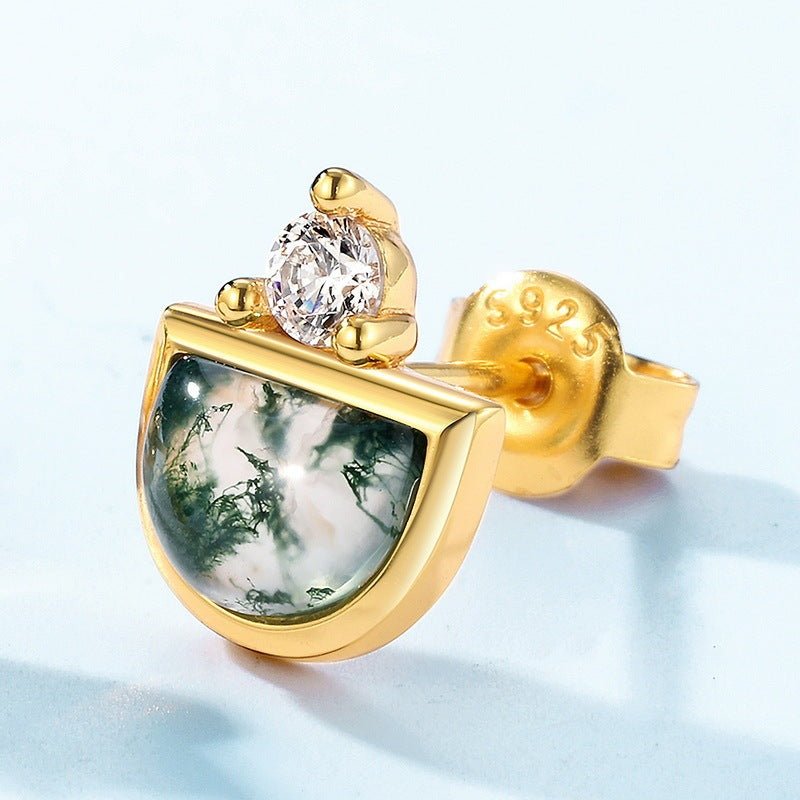 Semi-Circle Moss Agate Stud Earrings - 10K Gold Plated 925 Sterling Silver, Geometric Nature Jewelry