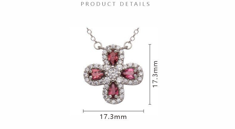 Silver Clover Rubellite Necklace, Dainty Four Leaf Clover Red Tourmaline Pendant, Natural Rubellite Good Luck Necklace, Botanical Jewelry