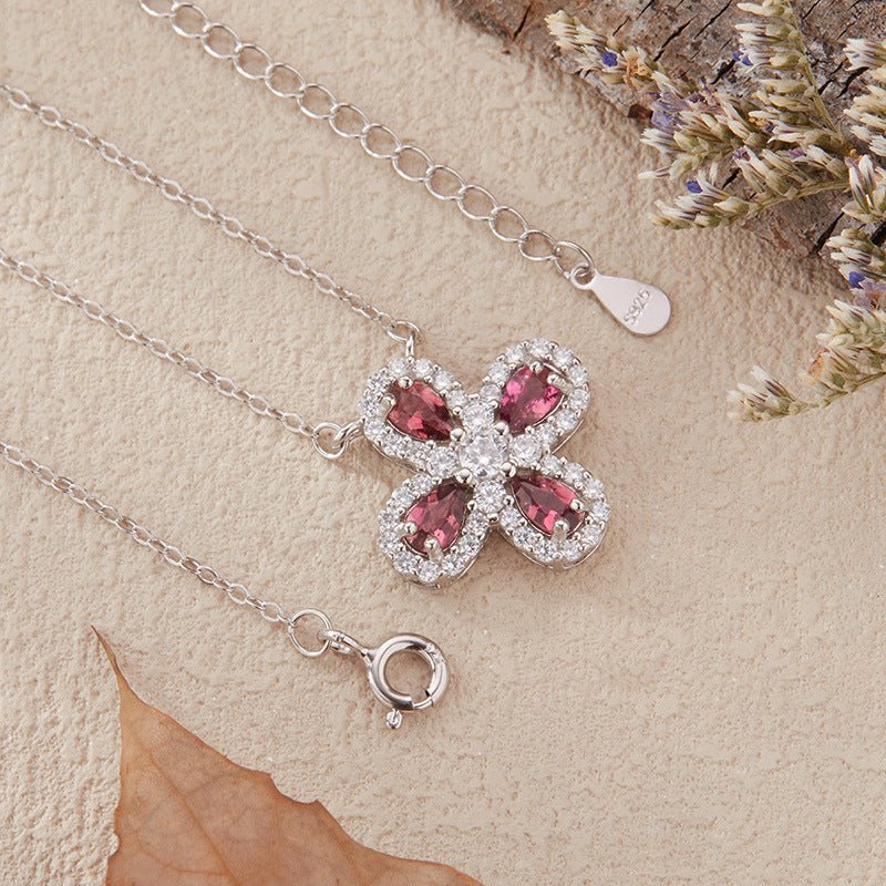 Silver Clover Rubellite Necklace, Dainty Four Leaf Clover Red Tourmaline Pendant, Natural Rubellite Good Luck Necklace, Botanical Jewelry