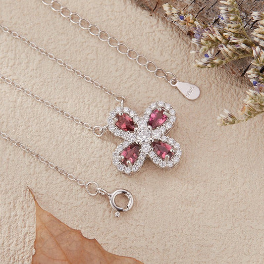 Silver Clover Rubellite Necklace, Dainty Four Leaf Clover Red Tourmaline Pendant, Natural Rubellite Good Luck Necklace, Botanical Jewelry