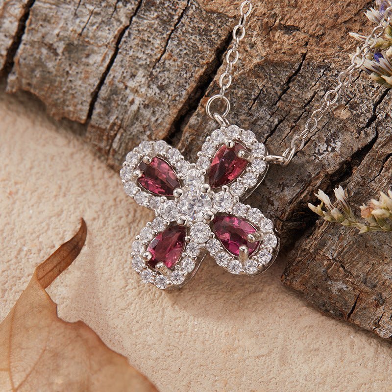 Silver Clover Rubellite Necklace, Dainty Four Leaf Clover Red Tourmaline Pendant, Natural Rubellite Good Luck Necklace, Botanical Jewelry