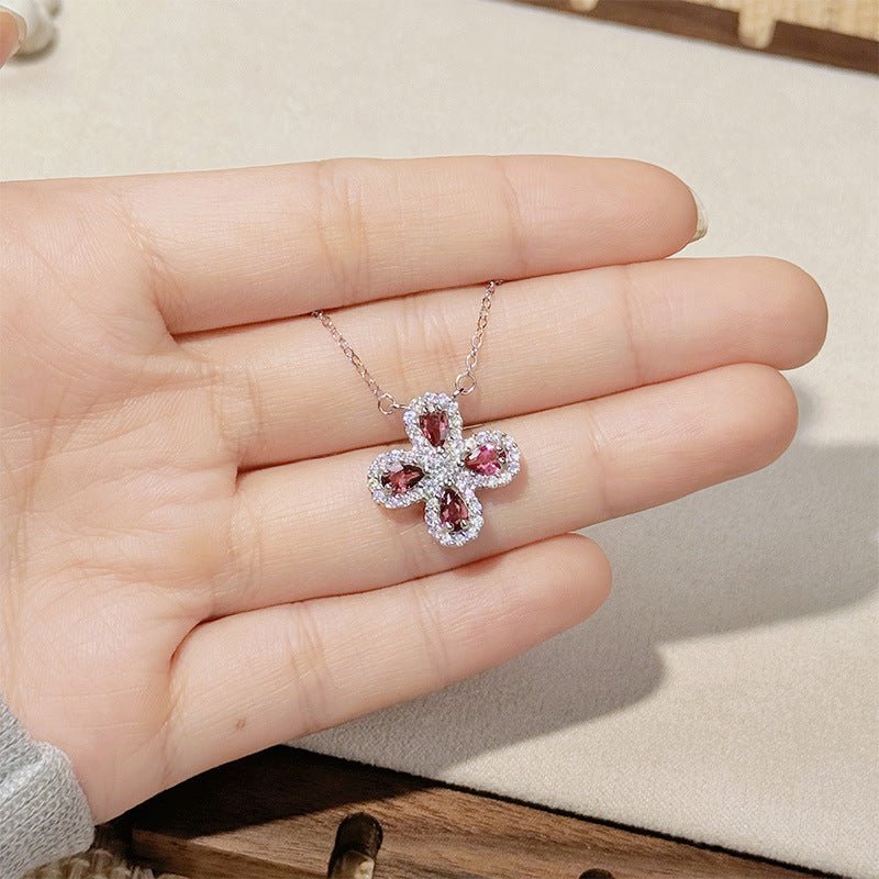 Silver Clover Rubellite Necklace, Dainty Four Leaf Clover Red Tourmaline Pendant, Natural Rubellite Good Luck Necklace, Botanical Jewelry