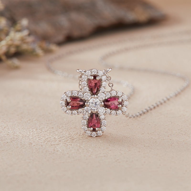 Silver Clover Rubellite Necklace, Dainty Four Leaf Clover Red Tourmaline Pendant, Natural Rubellite Good Luck Necklace, Botanical Jewelry