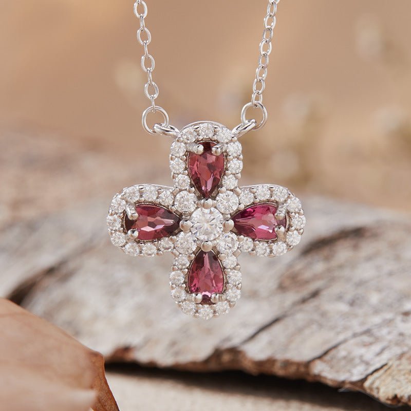 Silver Clover Rubellite Necklace, Dainty Four Leaf Clover Red Tourmaline Pendant, Natural Rubellite Good Luck Necklace, Botanical Jewelry