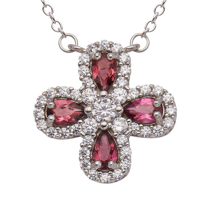 Silver Clover Rubellite Necklace, Dainty Four Leaf Clover Red Tourmaline Pendant, Natural Rubellite Good Luck Necklace, Botanical Jewelry