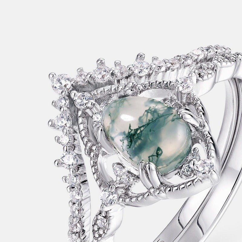 Silver Pear-shaped Green Moss Agate Ring Set Wedding Gift for Her