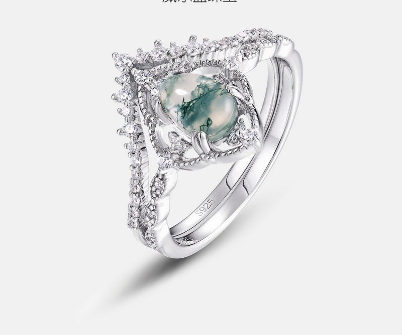 Silver Pear-shaped Green Moss Agate Ring Set Wedding Gift for Her