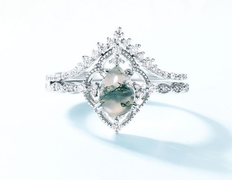 Silver Pear-shaped Green Moss Agate Ring Set Wedding Gift for Her